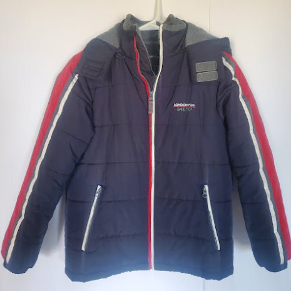 London Fog Boys Winter Coat, Size 14/16, Navy Blue with Red, Hooded Fleece Lined